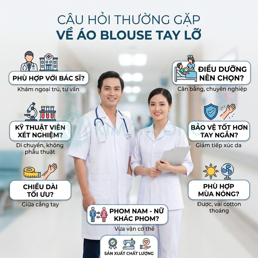 Hai nhân viên y tế mặc áo blouse tay lỡ màu trắng đứng trong hành lang bệnh viện, giới thiệu ưu điểm sản phẩm