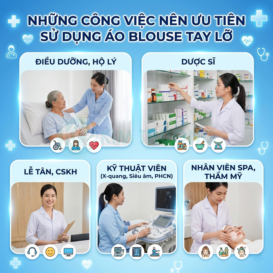 Các ngành điều dưỡng, dược sĩ, kỹ thuật viên, lễ tân, spa sử dụng áo blouse tay lỡ màu trắng