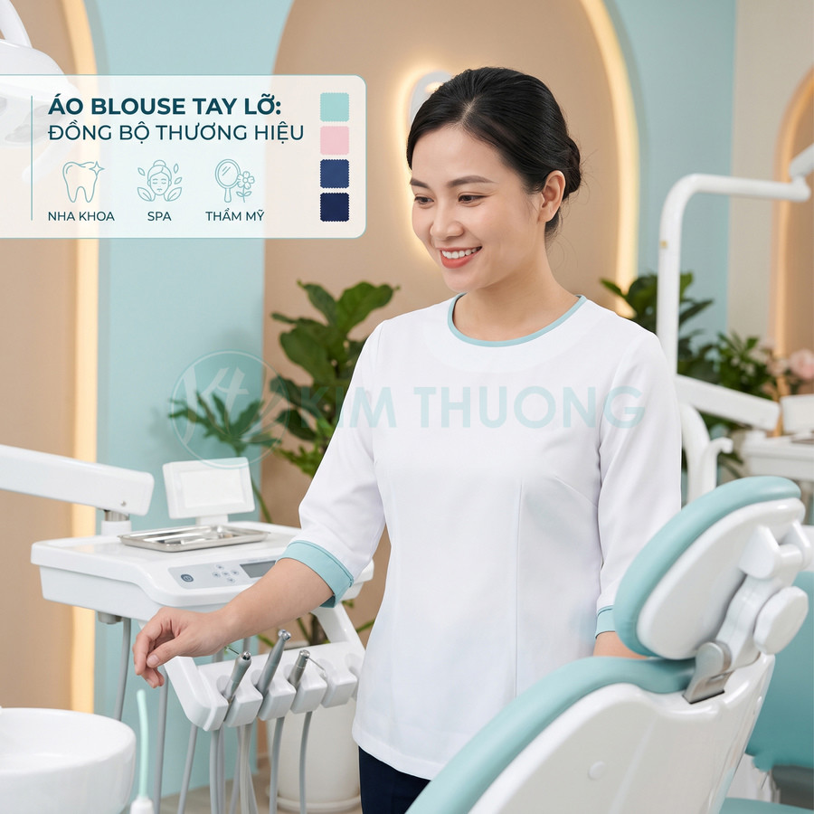 Áo blouse tay lỡ màu trắng phối xanh cho nhân viên nha khoa spa thẩm mỹ trong phòng khám hiện đại