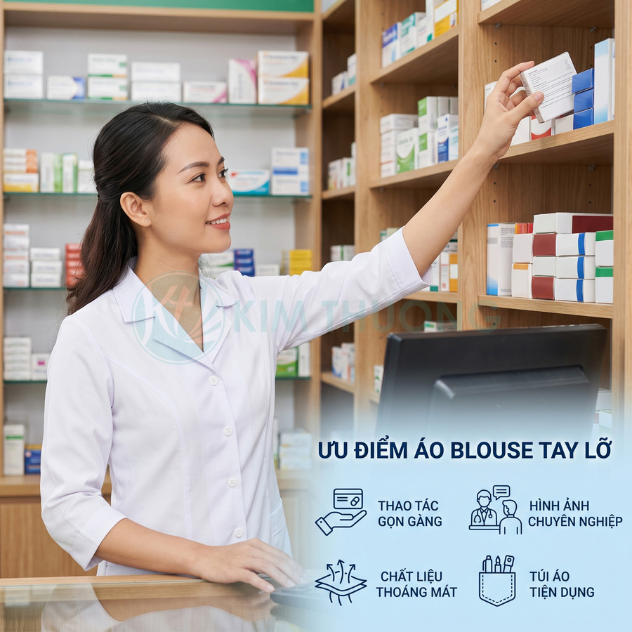 Dược sĩ mặc áo blouse tay lỡ màu trắng đứng quầy thuốc, lấy hộp thuốc trên kệ trong nhà thuốc hiện đại