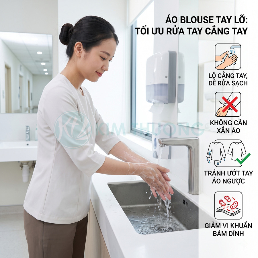 Áo blouse tay lỡ màu trắng cho nhân viên y tế, thiết kế tối ưu rửa tay sạch sẽ và hạn chế ướt tay áo