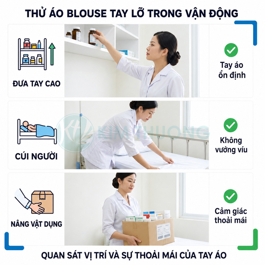 Nữ nhân viên y tế mặc áo blouse tay lỡ thao tác đưa tay cao cúi người và nâng hộp hàng trong bệnh viện