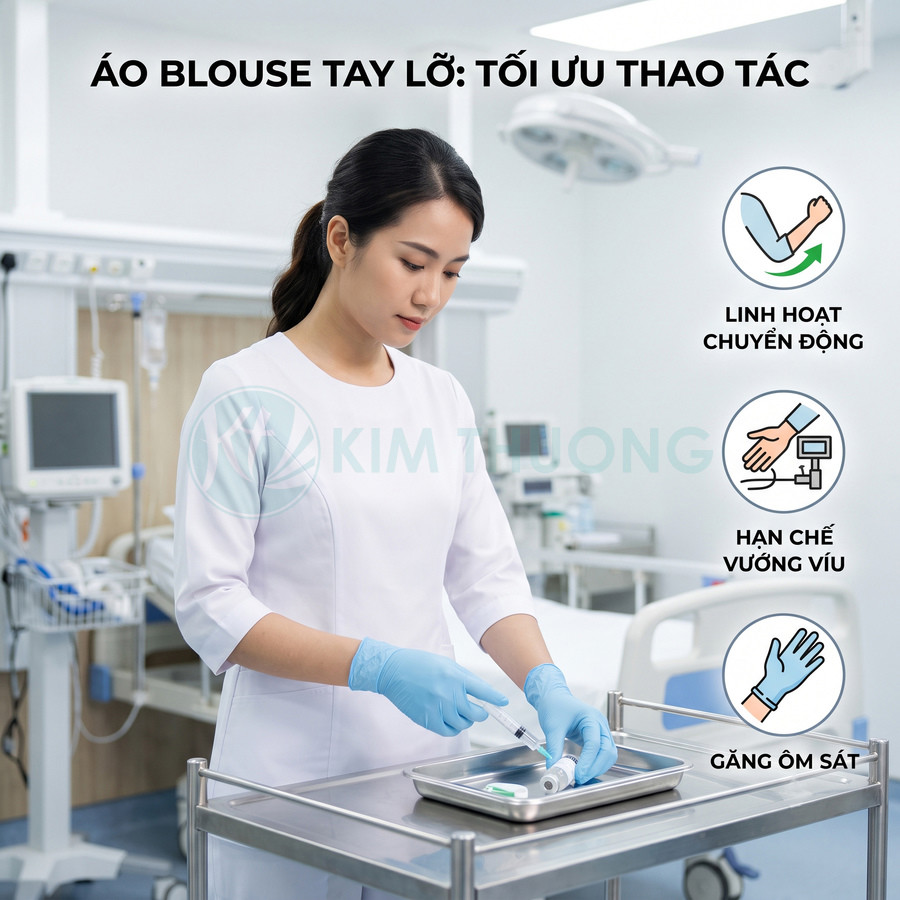 Áo blouse tay lỡ màu trắng cho nữ điều dưỡng, thiết kế tối ưu thao tác trong phòng khám bệnh viện