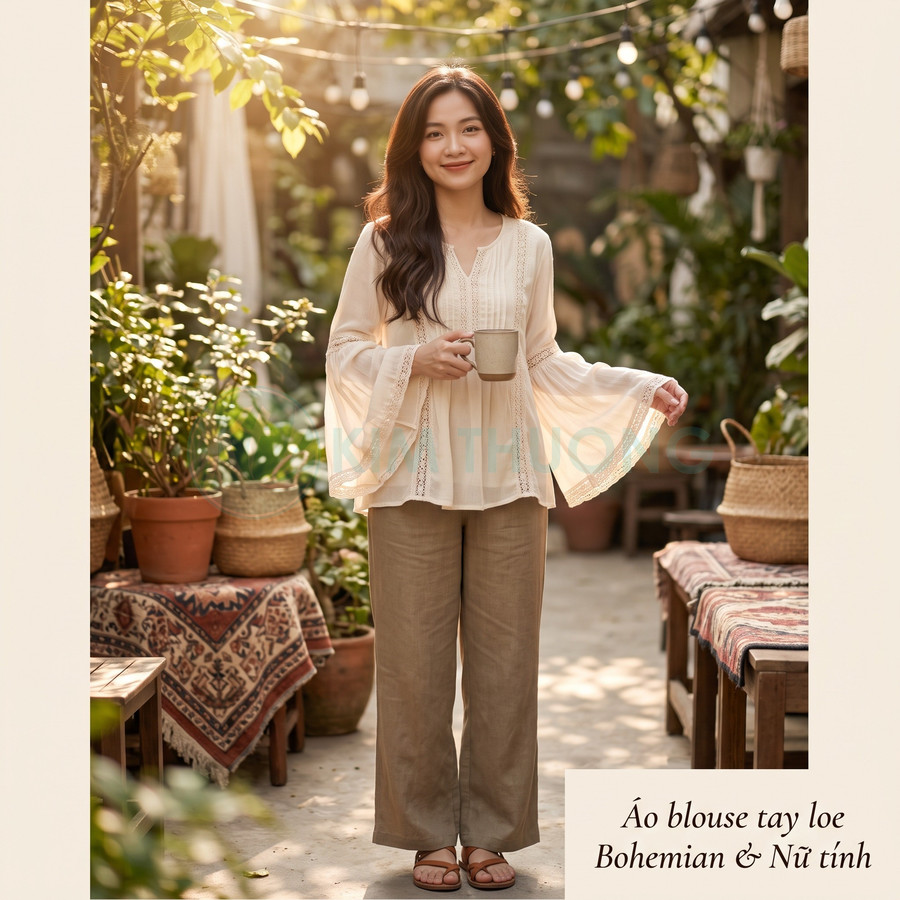 Áo blouse tay loe phong cách Bohemian màu kem cho nữ, phối quần ống rộng màu nâu nhã nhặn