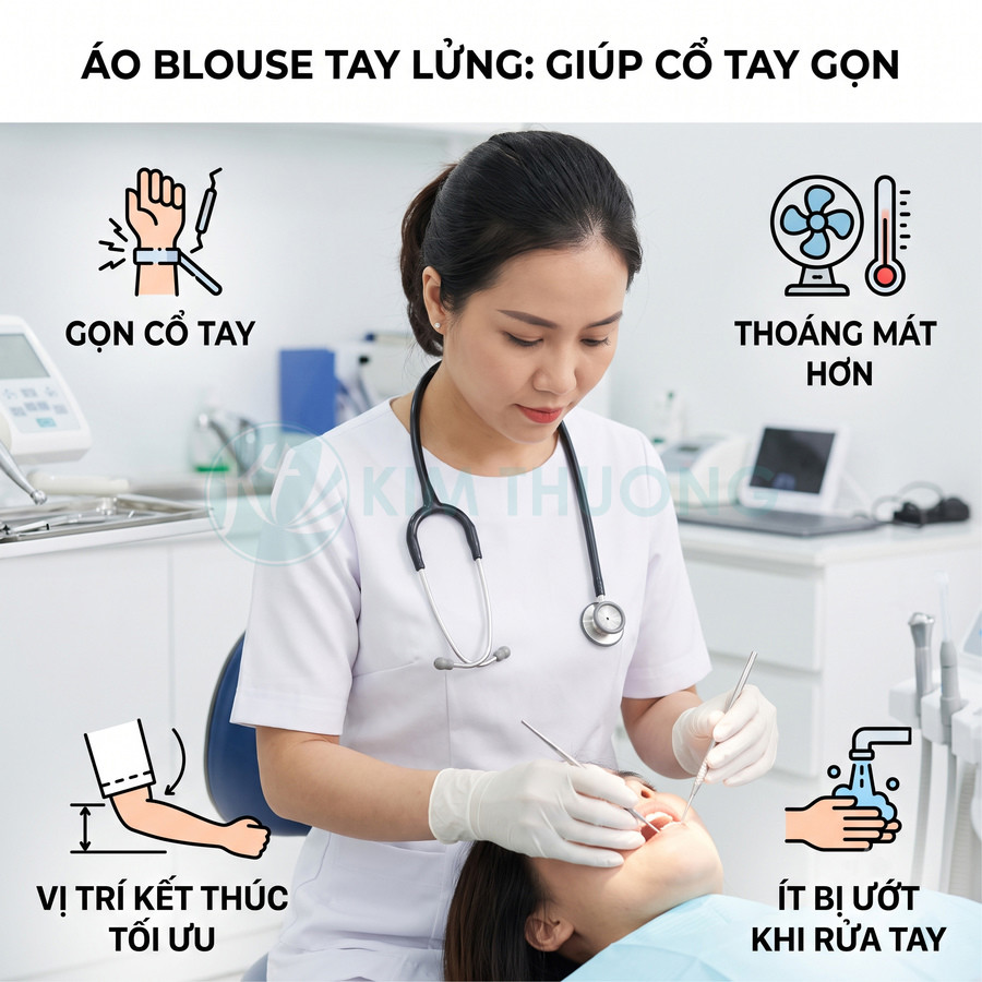 Áo blouse tay lửng cho nha sĩ nữ màu trắng, thiết kế gọn cổ tay, thoáng mát, thuận tiện khi khám răng
