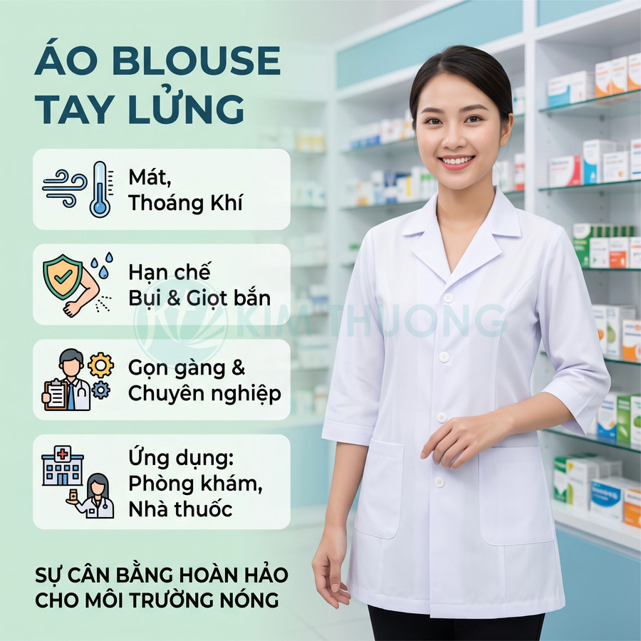 Áo blouse tay lửng màu trắng cho dược sĩ, thiết kế mát thoáng, gọn gàng chuyên nghiệp trong nhà thuốc
