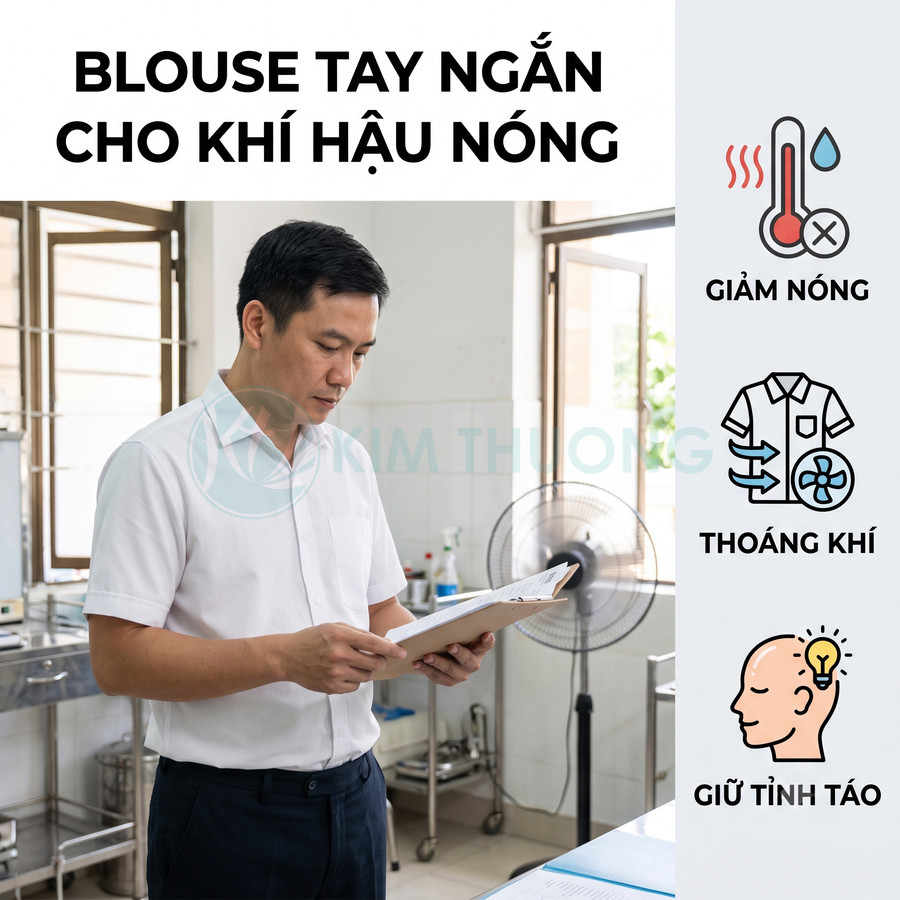 Áo blouse tay ngắn màu trắng cho bác sĩ, thiết kế thoáng mát phù hợp khí hậu nóng
