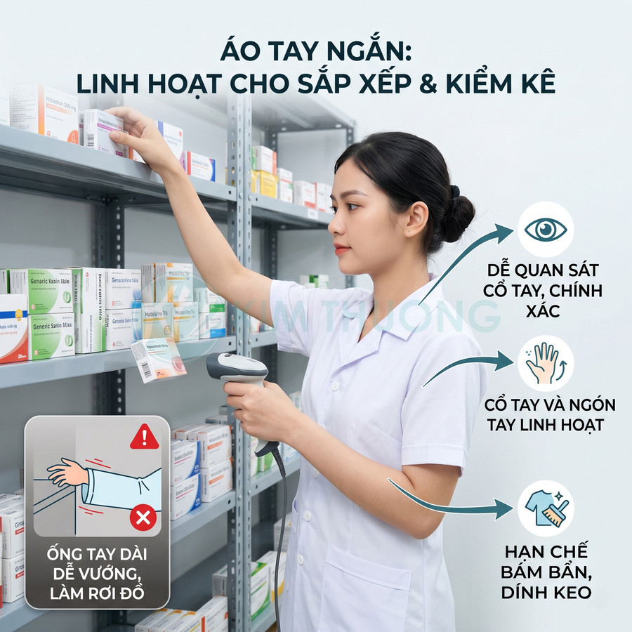 Áo blouse tay ngắn cho dược sĩ giúp sắp xếp kiểm kê thuốc linh hoạt, hạn chế vướng víu và bám bẩn
