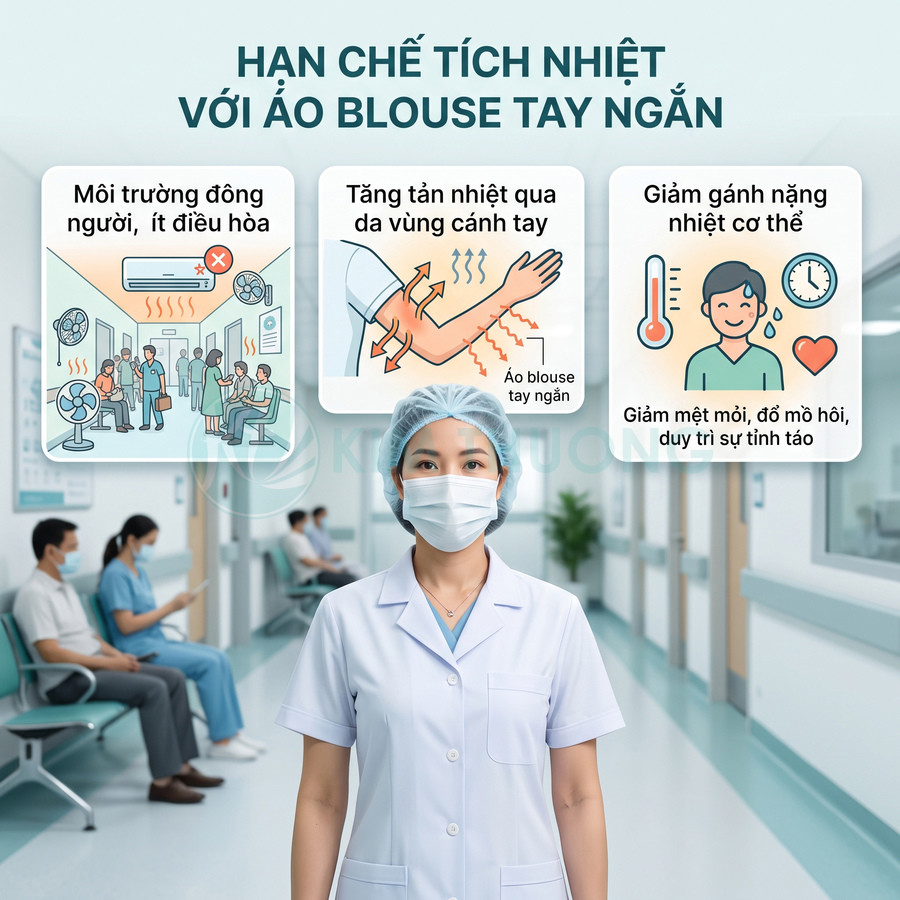 Nhân viên y tế mặc áo blouse tay ngắn màu trắng giúp giảm tích nhiệt và tạo cảm giác thoáng mát trong bệnh viện