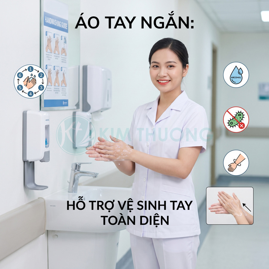 Nữ nhân viên y tế mặc áo blouse tay ngắn đang rửa tay sát khuẩn tại bồn rửa trong bệnh viện