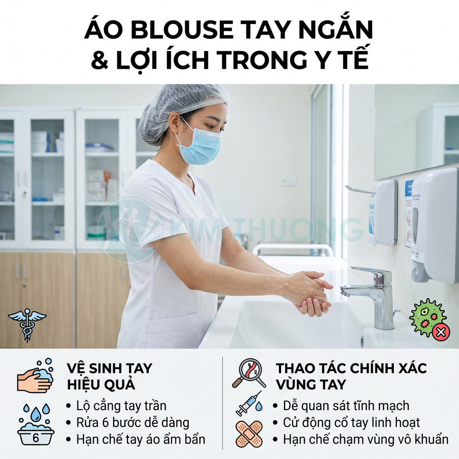 Nhân viên y tế mặc áo blouse tay ngắn màu trắng rửa tay sát khuẩn tại bồn rửa trong bệnh viện