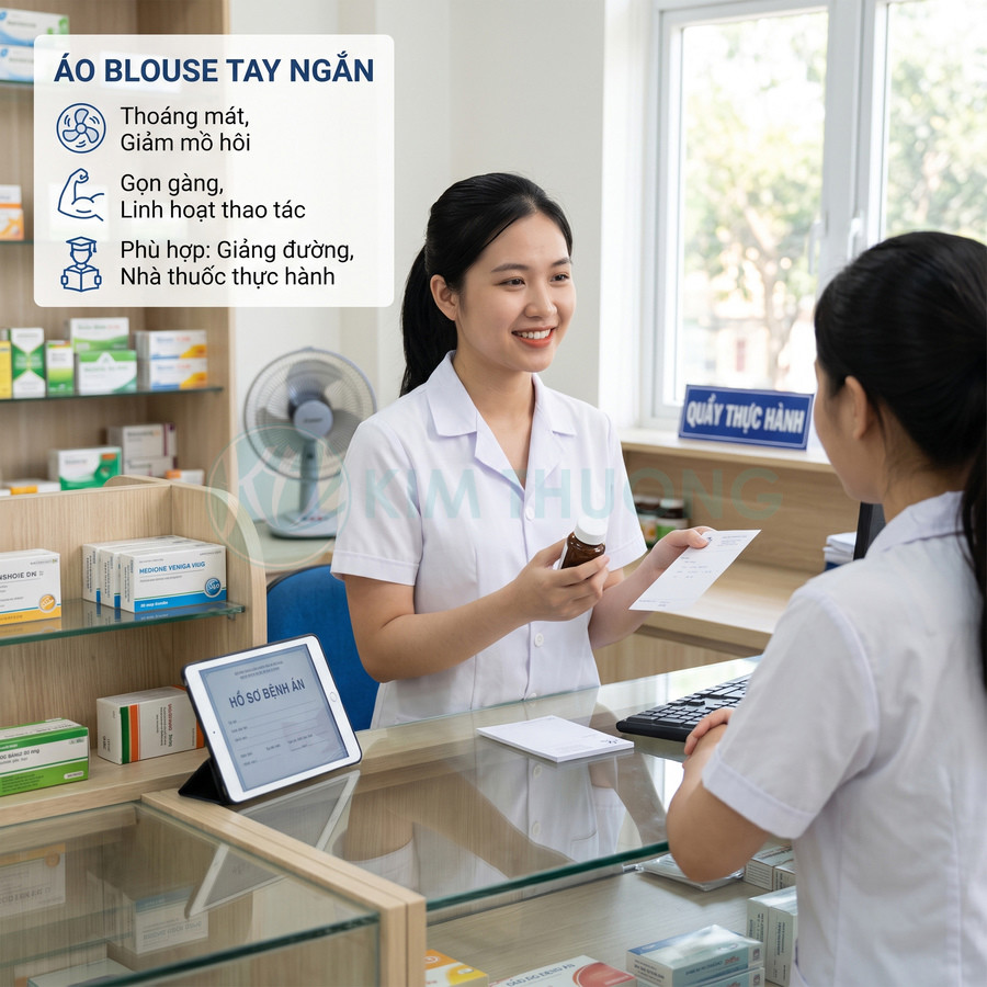 Dược sĩ mặc áo blouse tay ngắn tư vấn thuốc cho khách tại quầy nhà thuốc thực hành