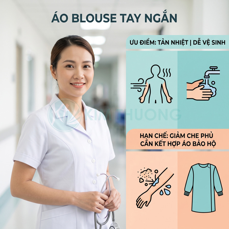 Nữ bác sĩ mặc áo blouse tay ngắn màu trắng cầm ống nghe trong hành lang bệnh viện