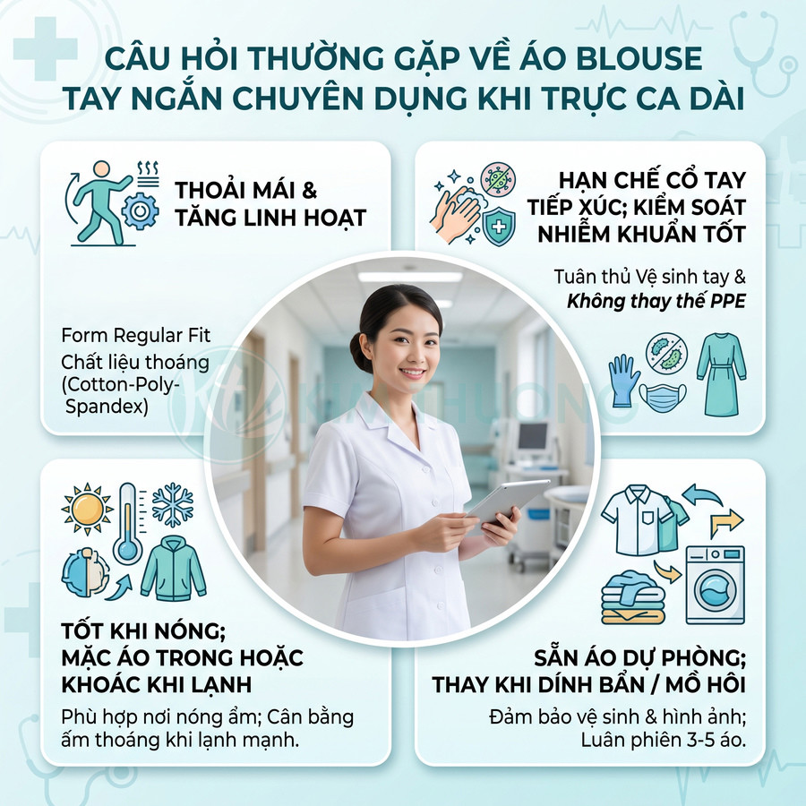 Áo blouse tay ngắn cho nhân viên y tế, chất liệu thoáng mát, phù hợp trực ca dài trong bệnh viện