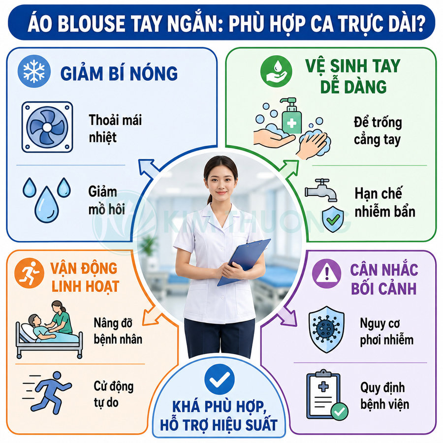 Áo blouse tay ngắn cho điều dưỡng nữ, màu trắng, thiết kế thoáng mát linh hoạt khi làm việc ca trực dài