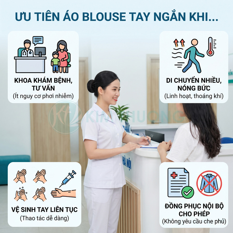 Nữ y tá mặc áo blouse tay ngắn màu trắng tư vấn cho bệnh nhân tại quầy lễ tân bệnh viện