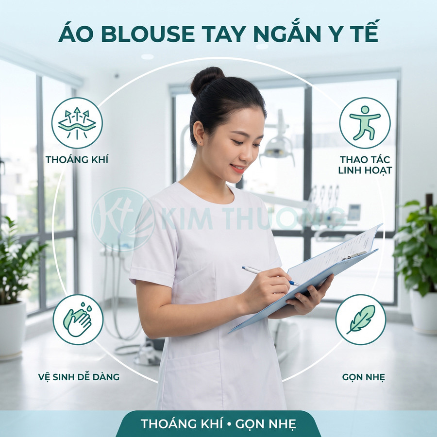 Áo blouse tay ngắn y tế Kim Thượng màu trắng, chất liệu thoáng khí gọn nhẹ cho nhân viên y tế