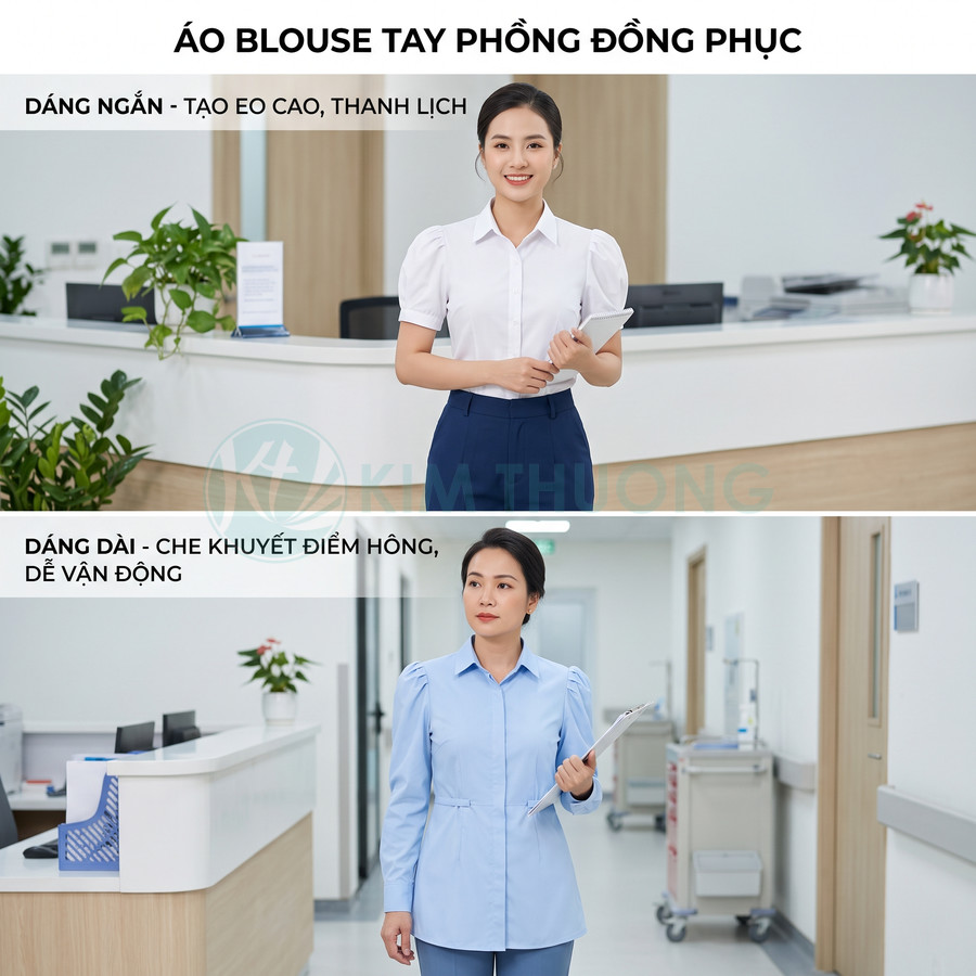 Áo blouse tay phồng đồng phục nữ dáng ngắn trắng và dáng dài xanh nhạt cho nhân viên y tế