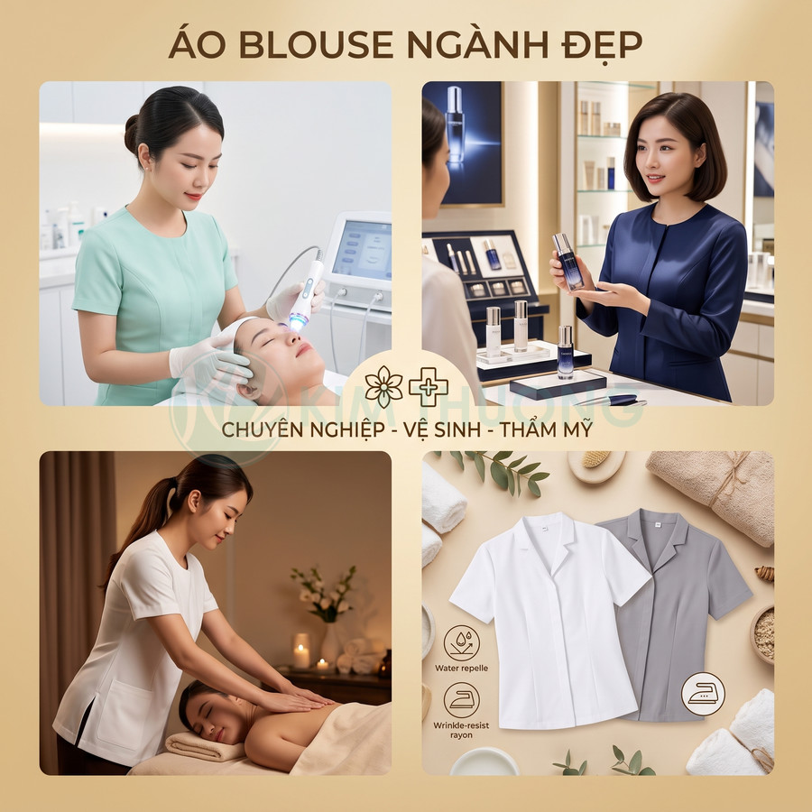 Áo blouse spa thẩm mỹ màu trắng xám cho nhân viên làm đẹp, chất liệu dễ giặt và chống nhăn