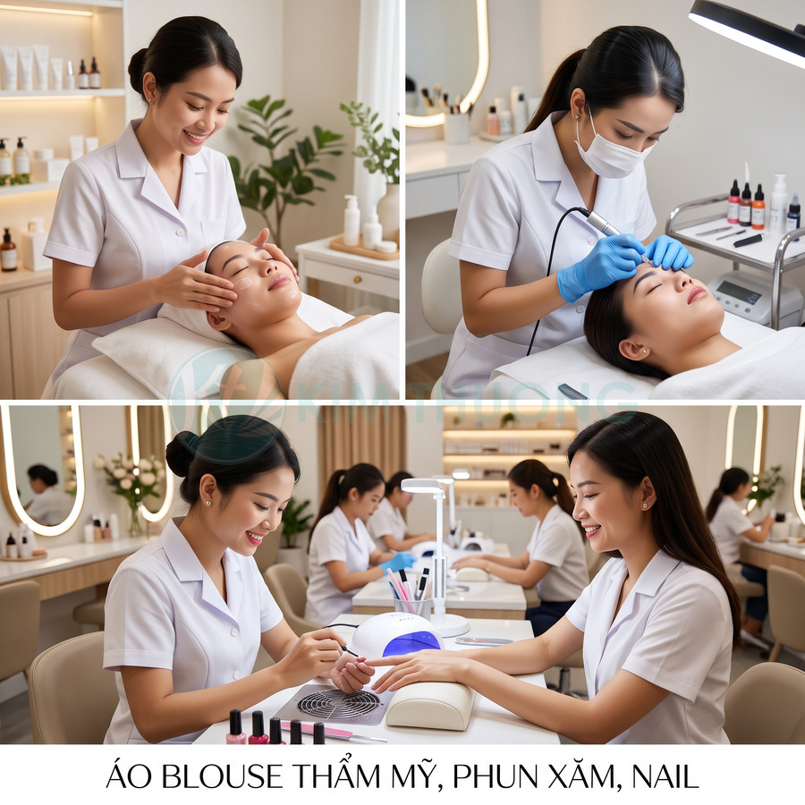 Áo blouse thẩm mỹ màu trắng cho kỹ thuật viên spa, phun xăm và làm nail trong không gian salon hiện đại