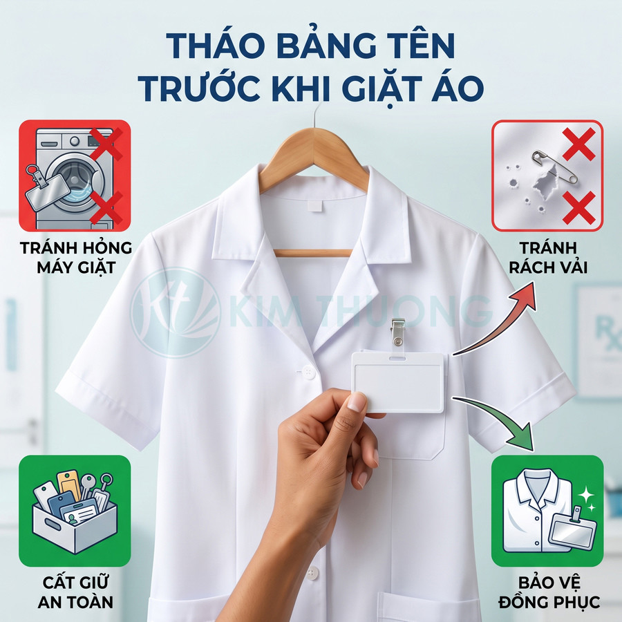 Tháo bảng tên nhựa khỏi áo blouse trắng trước khi giặt để tránh hỏng máy và rách vải
