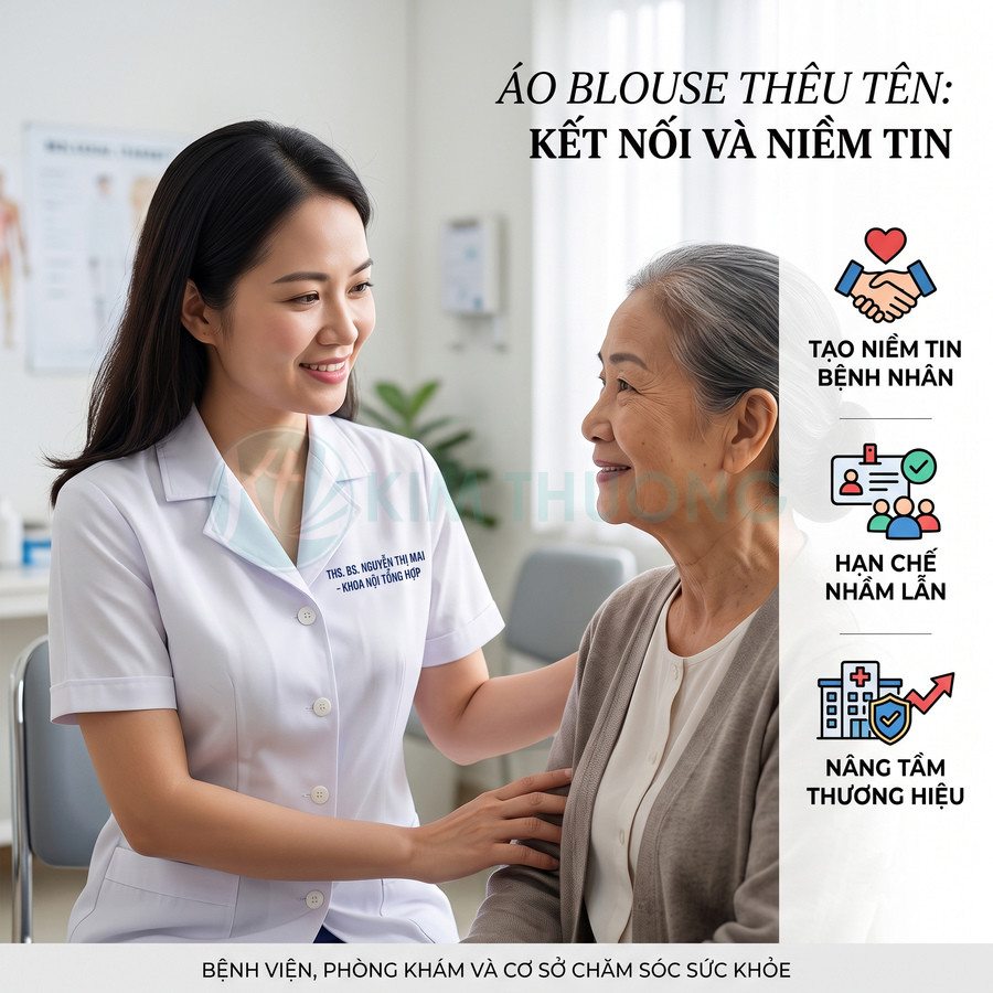 Áo blouse bác sĩ thêu tên rõ ràng giúp tạo niềm tin cho bệnh nhân trong phòng khám hiện đại