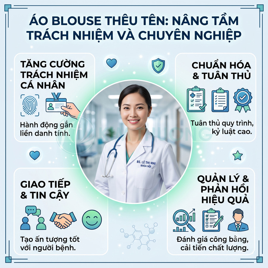 Áo blouse thêu tên bác sĩ nữ trong bệnh viện, thể hiện sự chuyên nghiệp, trách nhiệm và tin cậy trong chăm sóc y tế