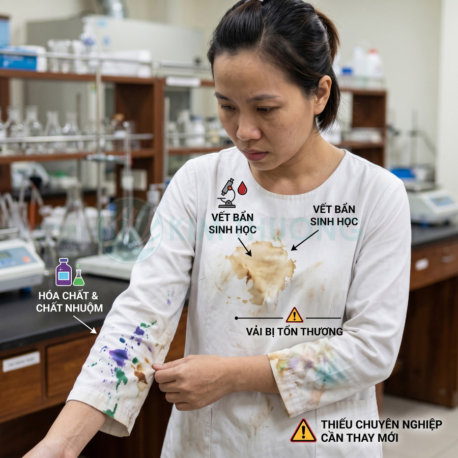Áo blouse phòng thí nghiệm dính nhiều vết bẩn sinh học và hóa chất cần được thay mới
