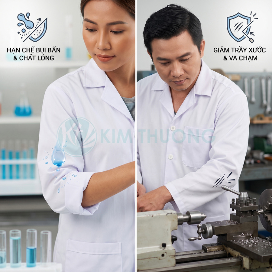 Áo blouse phòng thí nghiệm Kim Thương chống bám bẩn, chống chất lỏng và giảm trầy xước cho kỹ thuật viên