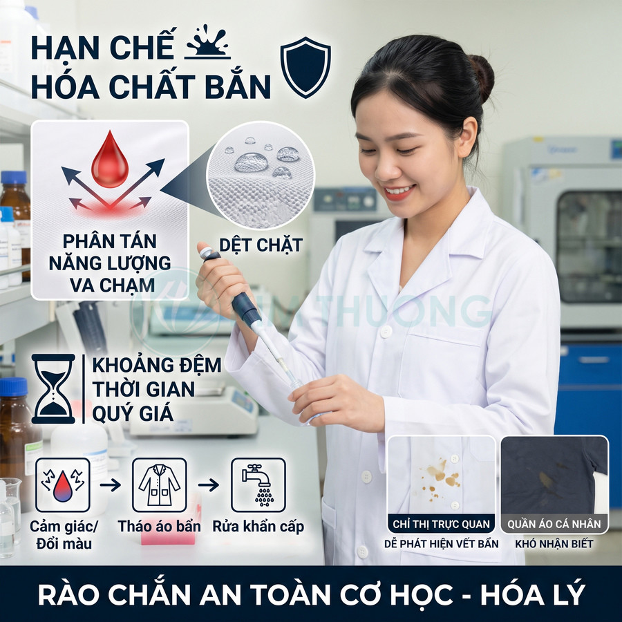 Áo blouse phòng thí nghiệm chống bám hóa chất cho nhân viên y tế, dễ phát hiện và xử lý vết bẩn