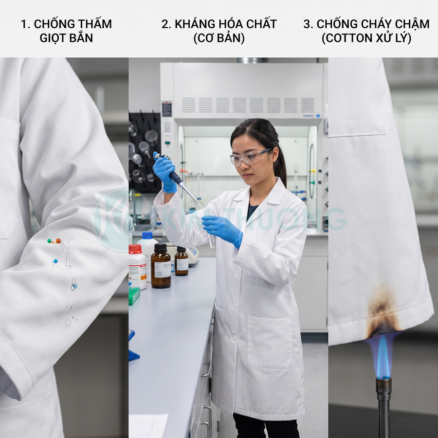 Áo blouse phòng thí nghiệm chống thấm giọt bắn, kháng hóa chất cơ bản và chống cháy chậm cotton xử lý