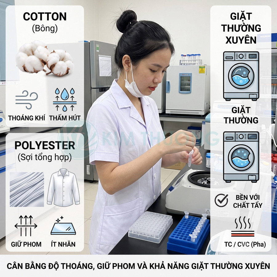 Áo blouse phòng thí nghiệm chất liệu cotton polyester thoáng khí giữ phom, phù hợp giặt thường xuyên