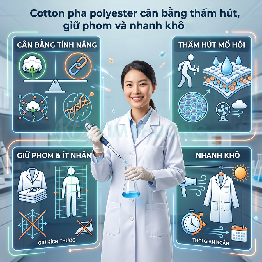 Áo blouse phòng thí nghiệm vải cotton pha polyester, thấm hút mồ hôi tốt, giữ phom, ít nhăn và nhanh khô