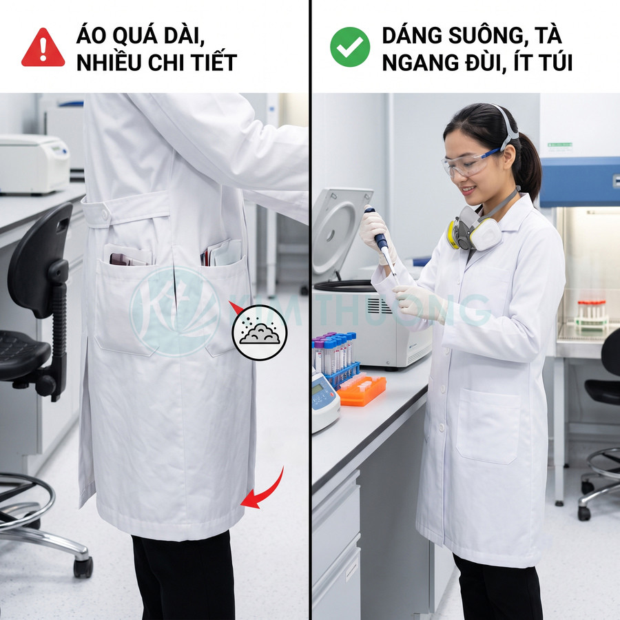 Áo blouse phòng thí nghiệm dáng suông tà ngang đùi ít túi cho nhân viên y tế nữ