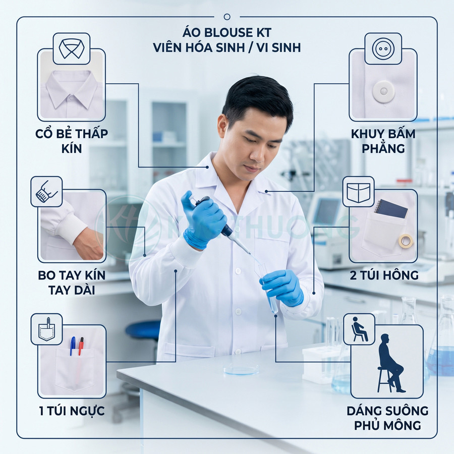 Áo blouse kỹ thuật viên hóa sinh vi sinh cổ bẻ kín bo tay dài túi ngực và túi hông trong phòng thí nghiệm