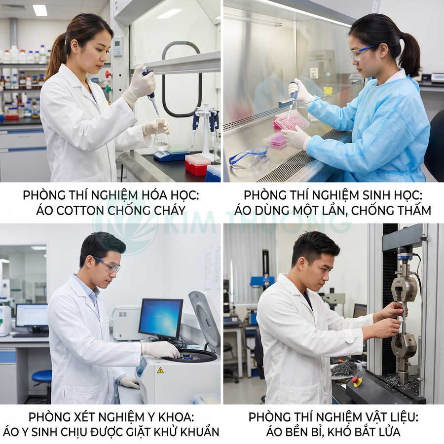 Áo blouse phòng thí nghiệm cho hóa học sinh học y khoa và vật liệu với các tính năng bảo hộ chuyên dụng