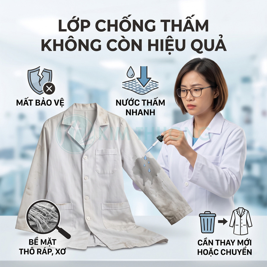 Áo blouse phòng thí nghiệm cũ bị thấm nước, bề mặt xơ rách, cần thay mới để đảm bảo khả năng chống thấm