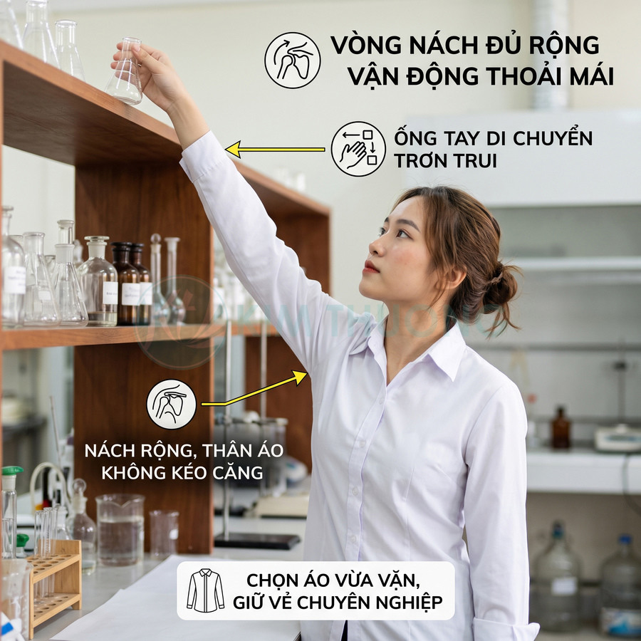 Nữ nhân viên phòng thí nghiệm mặc áo sơ mi trắng rộng rãi giơ tay lấy dụng cụ thủy tinh trên kệ
