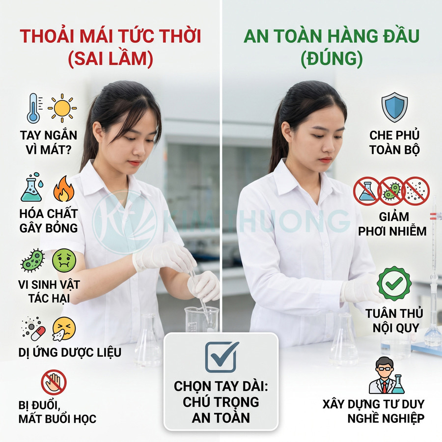 So sánh sinh viên thực hành thí nghiệm đeo găng tay ngắn sai và găng tay dài đúng, nhấn mạnh lựa chọn an toàn