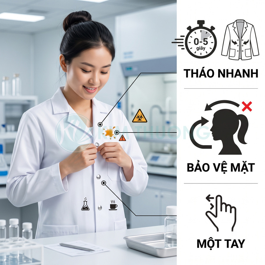 Áo blouse phòng thí nghiệm cài nút nhanh một tay giúp bảo vệ mặt và tháo bỏ trong 5 giây