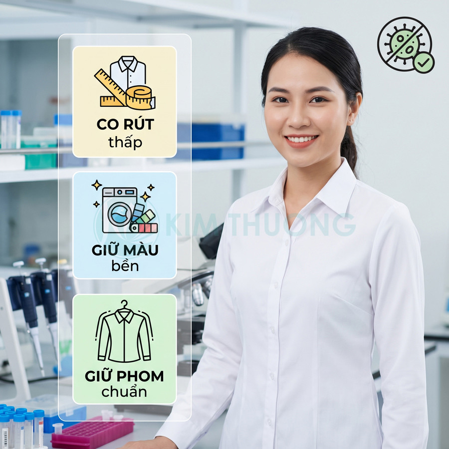 Áo sơ mi trắng nữ công sở Kim Thương chống khuẩn, ít co rút, giữ màu bền và giữ phom chuẩn trong phòng thí nghiệm