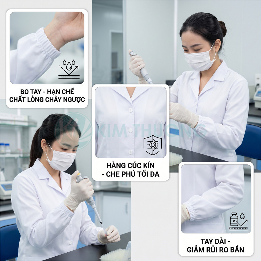 Áo blouse phòng thí nghiệm tay dài bo chun, hàng cúc kín, nhân viên y tế đeo khẩu trang và găng tay thao tác pipet