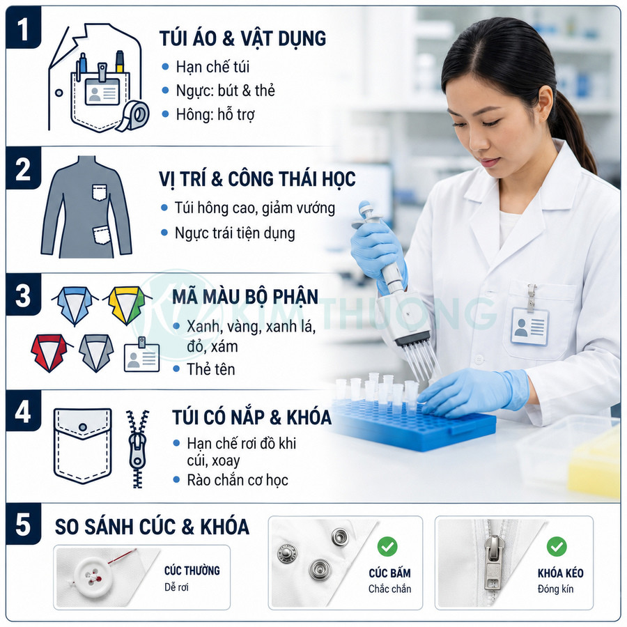 Áo blouse phòng thí nghiệm có túi, cúc bấm và khóa kéo, nữ kỹ thuật viên đang thao tác với ống nghiệm