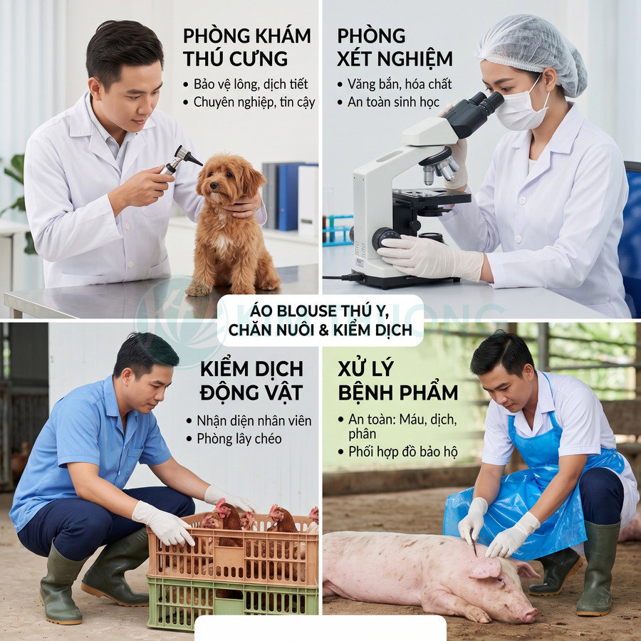 Bác sĩ thú y mặc áo blouse kiểm tra thú cưng, xét nghiệm và xử lý kiểm dịch động vật trong trang trại