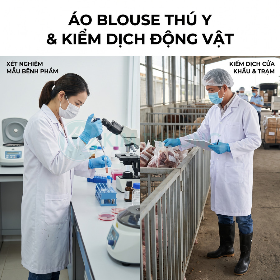 Áo blouse thú y dài tay màu trắng dùng cho xét nghiệm mẫu bệnh phẩm và kiểm dịch động vật