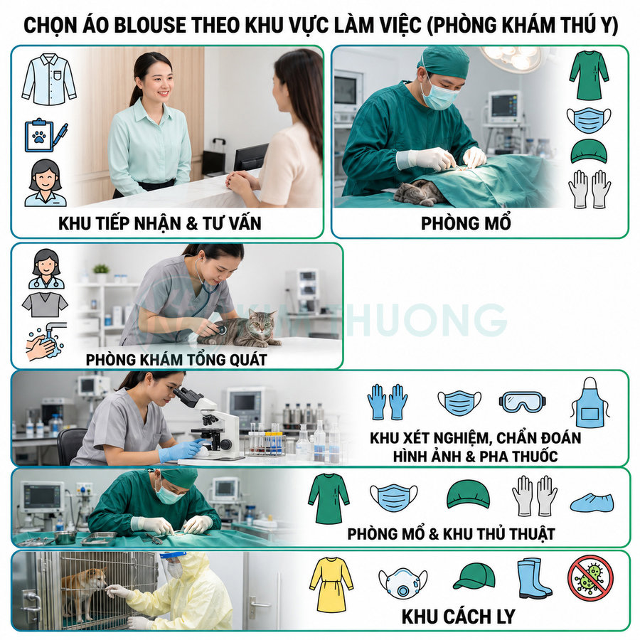 Hướng dẫn chọn áo blouse và đồ bảo hộ cho từng khu vực làm việc trong phòng khám thú y