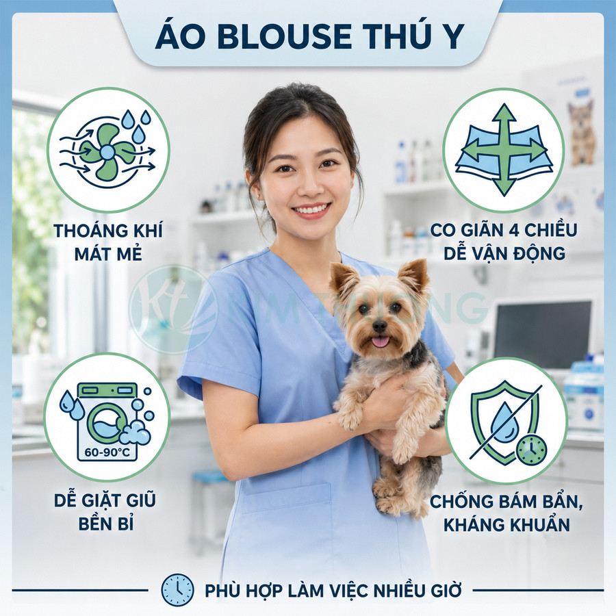 Áo blouse thú y màu xanh nhạt thoáng khí co giãn bốn chiều, nữ bác sĩ thú y bế chó nhỏ trong phòng khám