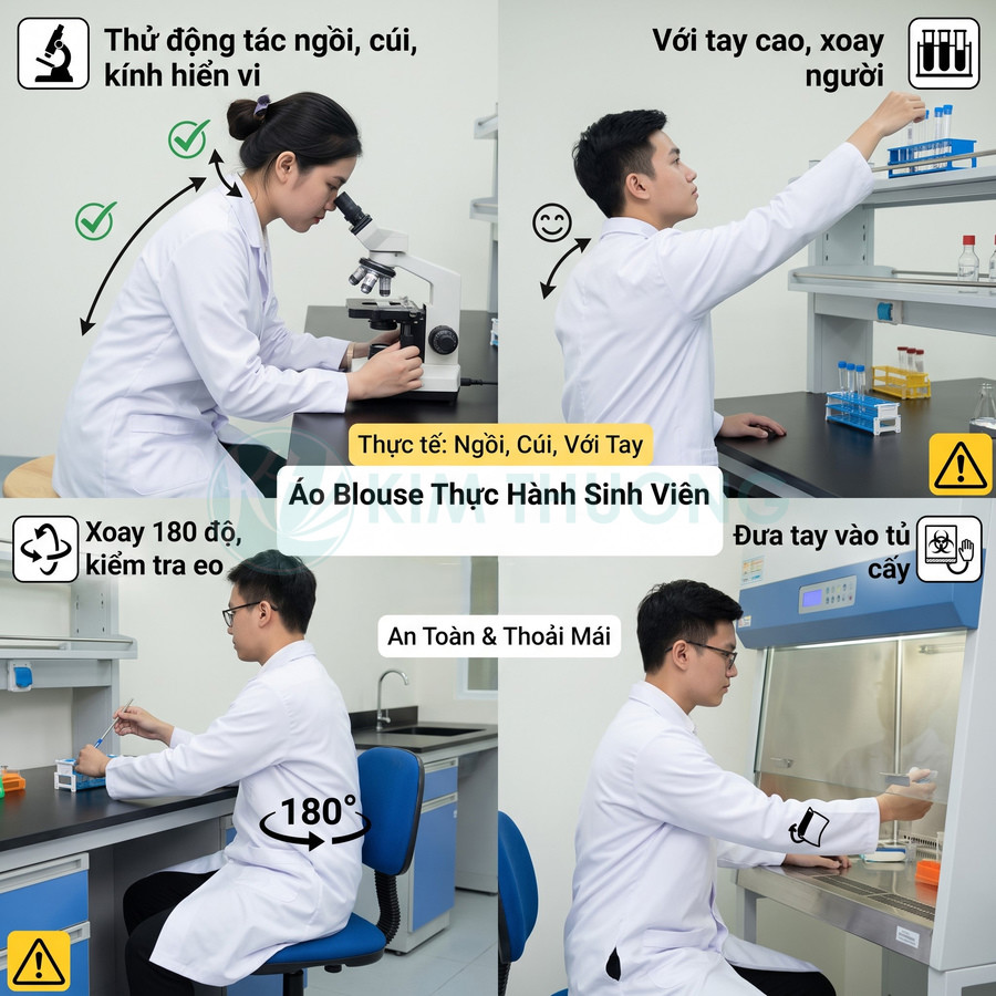 Áo blouse thực hành sinh viên màu trắng, thoải mái khi ngồi cúi, xoay người, với tay và thao tác trong phòng thí nghiệm