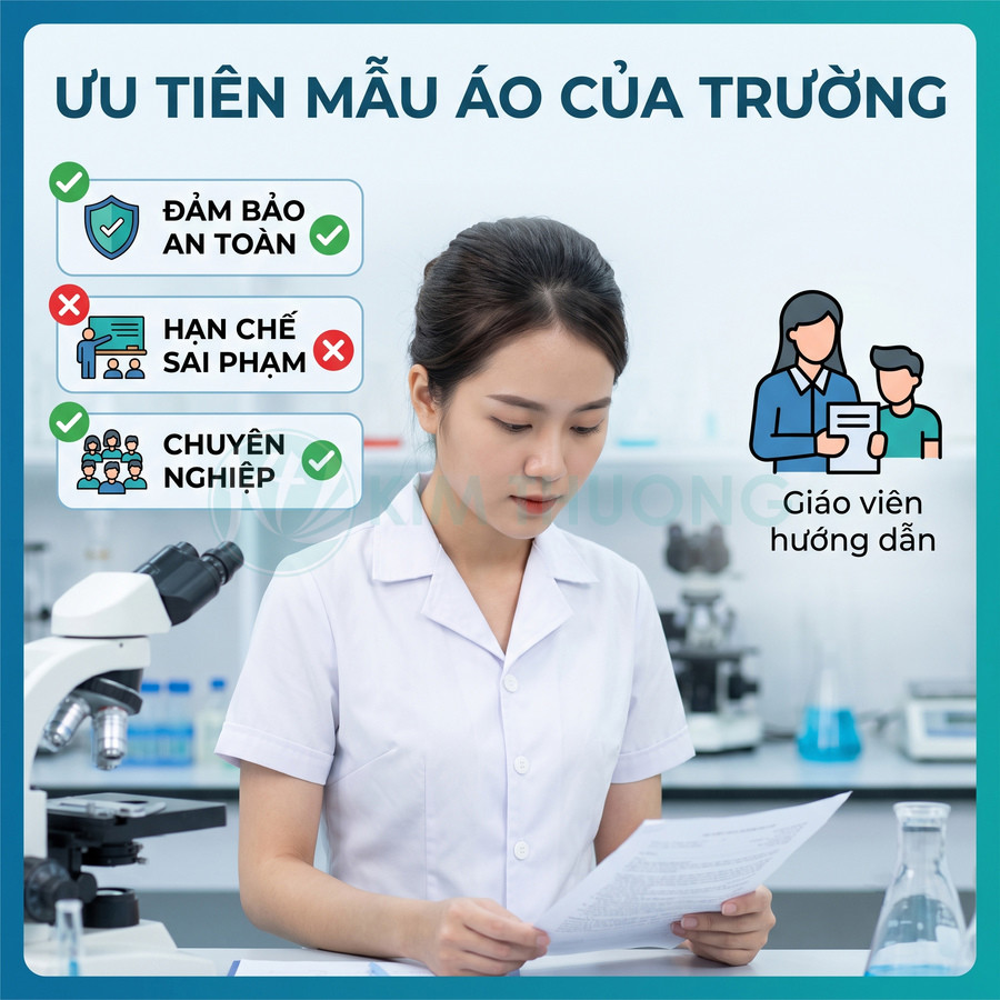 Nữ sinh mặc áo blouse trắng của trường trong phòng thí nghiệm, cầm tài liệu bên cạnh kính hiển vi