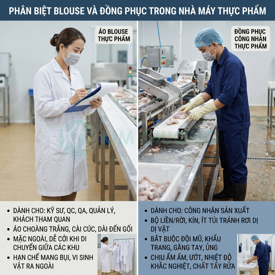 Áo blouse thực phẩm và đồng phục công nhân nhà máy chế biến thủy sản trong dây chuyền sản xuất
